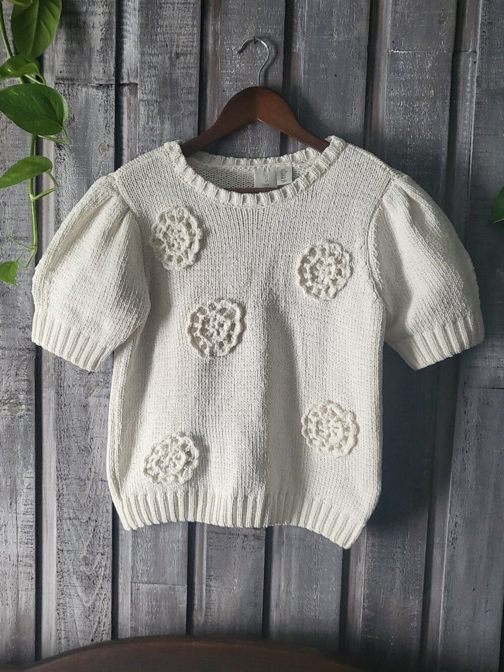 Joie Crochet Floral Knit Top Short Puff Sleeve Coquette Cream Sweater S
